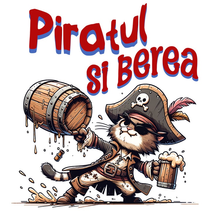 Sticker cu Pisica Motan Cu Palarie De pirat Si Halba De bere, Desene animate Copii cu Margini Albe, PVC Vinyl 40 cm