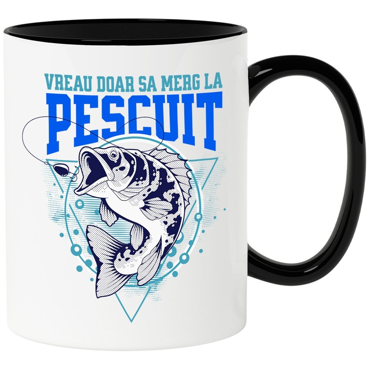Cana cu Design Abstract Peste Hobby Iubitorii De Natura Pescuit Text Vreau Doar Sa Merg La pescuit, Ceramica, 330ML, cu Maner Negru