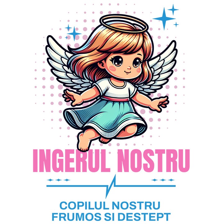 Sticker cu Fata Inger Cu Aripi Si Coroana Text Copilul Nostru Frumos Si Destept cu Margini Albe, PVC Vinyl 28 cm