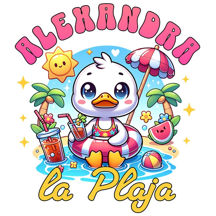 Sticker cu Ratusca Alba Cu Colac Si Cocktail la Plaja Text Alexandra Vacanta cu Margini Albe, PVC Vinyl 23 cm