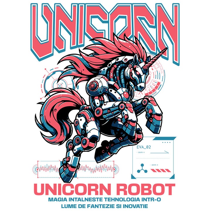 Sticker cu Unicorn Roz Robot inteligenta Artificiala Text In Limba Romana cu Margini Albe, PVC Vinyl 40 cm