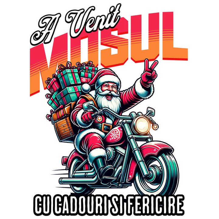 Sticker cu Mos Craciun Cool Pe Motocicleta Text A Venit Mosul Cu Cadouri Si Fericire cu Margini Albe, PVC Vinyl 40 cm