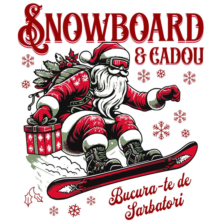 Sticker cu Mos Craciun Pe snowboard Cu cadou Text Bucura-te De Sarbatori, sport iarna cu Margini Albe, PVC Vinyl 28 cm