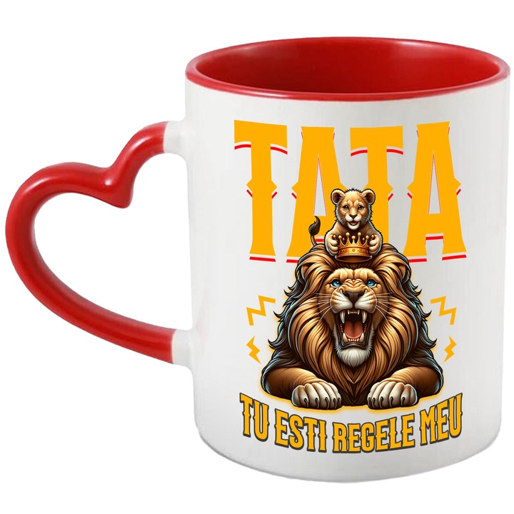 Cana cu Tata Si Fiu Cu Pelerina Rosie Text Tata, Tu esti eroul Meu, copii Familie, Ceramica, 330ML, cu Maner Inima Rosie