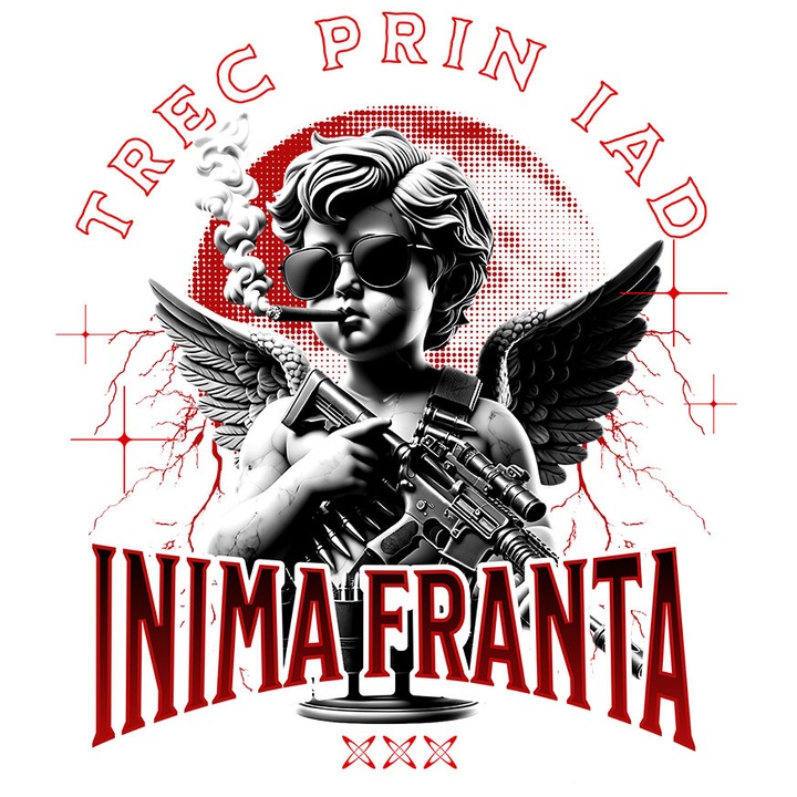 Sticker cu Inger cu Trabuc Si Arma Text Trec Prin Iad Inima Franta Valentine's Day cu Margini Albe, PVC Vinyl 28 cm