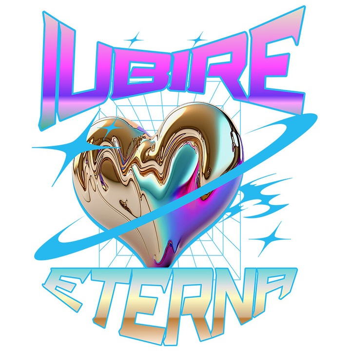 Sticker cu Inima Bizara Stralucitoare Metalica Text Iubire eterna, Valentine's Day cu Margini Albe, PVC Vinyl 10 cm