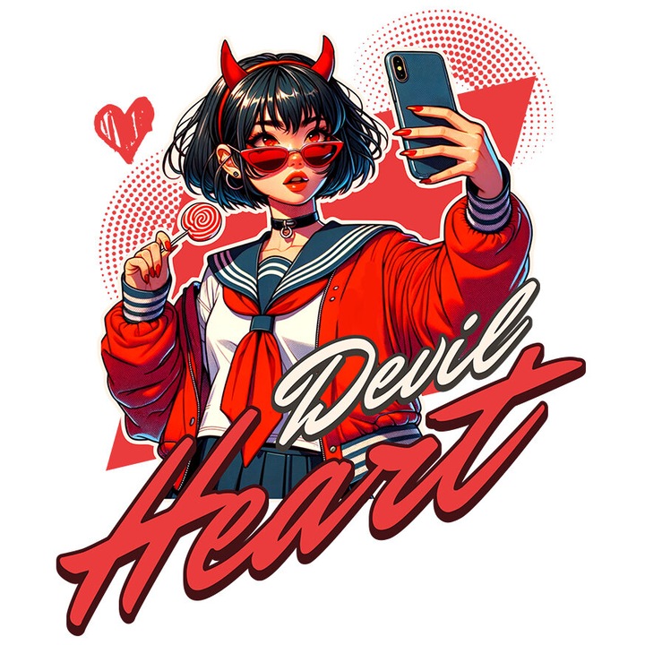Sticker cu Fata Stil Anime Cu Acadea si Selfie Text In Limba Engleza Devil Heart cu Margini Albe, PVC Vinyl 10 cm
