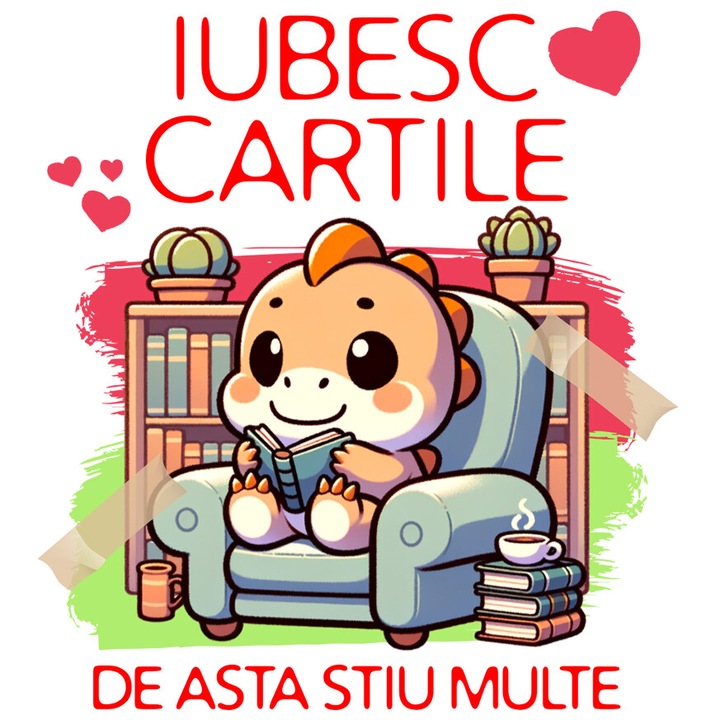 Sticker cu Dinozaur Iubitor De Carti Pe Fotoliu In Bibloteca Text Iubesc Cartile De Asta Stiu Multe cu Margini Albe, PVC Vinyl 10 cm