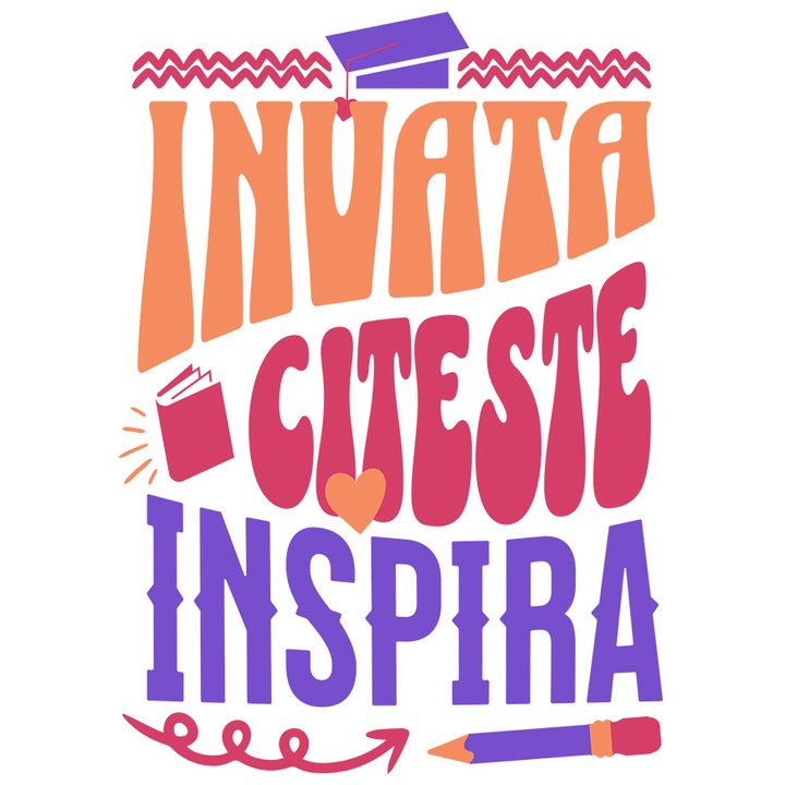 Sticker cu Rechizite Scolare Toca Text Motivational Invata Citeste inspira, Educatie, Inteligenta cu Margini Albe, PVC Vinyl 10 cm