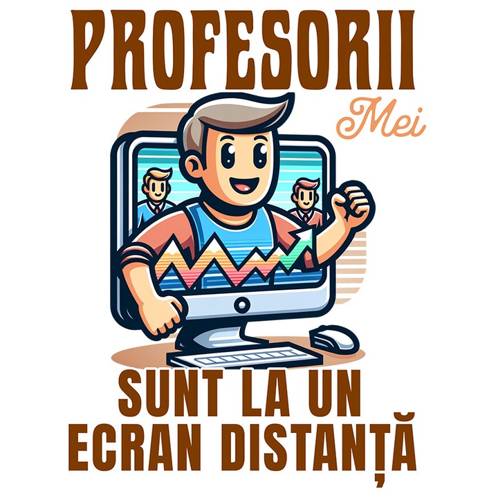 Sticker cu Animatie Barbat Brunet 3D Monitor Grafic Pozitiv Text Profesorii Mei Sunt la Un Ecran Distanta cu Margini Albe, PVC Vinyl 10 cm