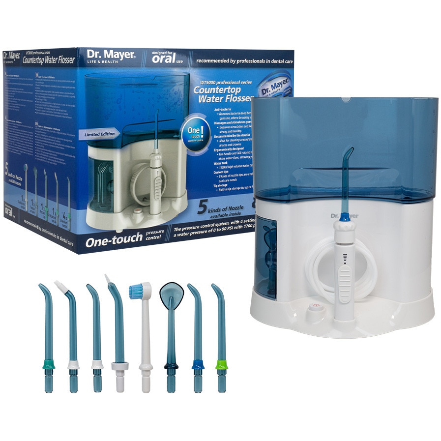 Dus Bucal fix Dr. Mayer WT5000, tehnologii One Touch si Multi Pulse, 1700 de pulsatii, 6 trepte de viteza, rezervor 1600ml, 8 capete incluse (4 varf standard, 1 ortodontic, 1 curat