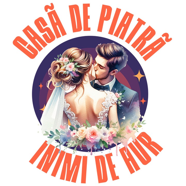 Sticker cu Portret Ziua Nuntii Cuplu Mire Si Mireasa Sarut Iubire Dragoste Text In Limba Roamana Casa DE Piatra Inimi De Aur cu Margini Albe, PVC Vinyl 23 cm