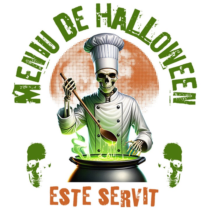 Стикер с текст за Хелоуин меню на Cheff Cook - голяма тенджера с вълшебна отвара с бели рамки, PVC винил 40 см