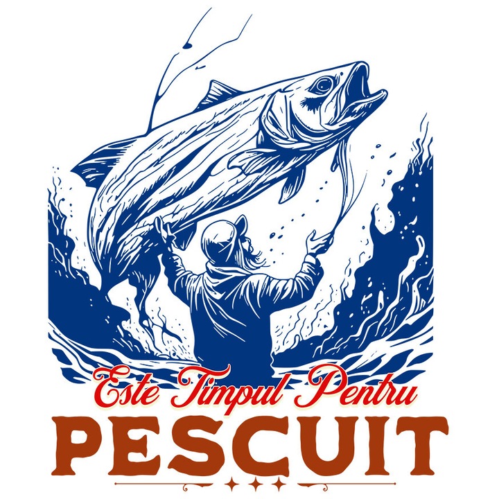 Sticker cu Silueta Barbat Cu Peste Imens Hobby Text In Limba Romana Este Timpul De Pescuit cu Margini Albe, PVC Vinyl 28 cm
