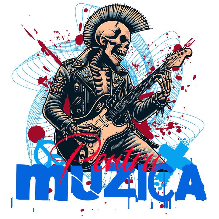 Sticker cu Schelete Uman Cu Geaca De Piele Si Chitara Electrica Muzica Rock Distractie Text In Limba Romana Pentru Muzica cu Margini Albe, PVC Vinyl 10 cm