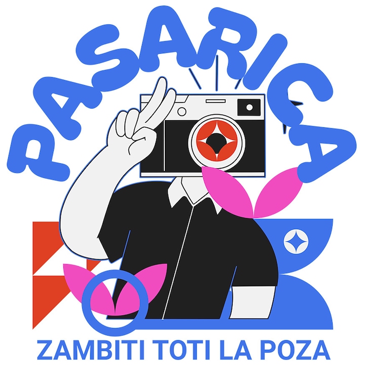 Sticker cu Cor Uman Aparat Foto Vintige Hobby Fotografie Text Zambiti La Poza cu Margini Albe, PVC Vinyl 28 cm