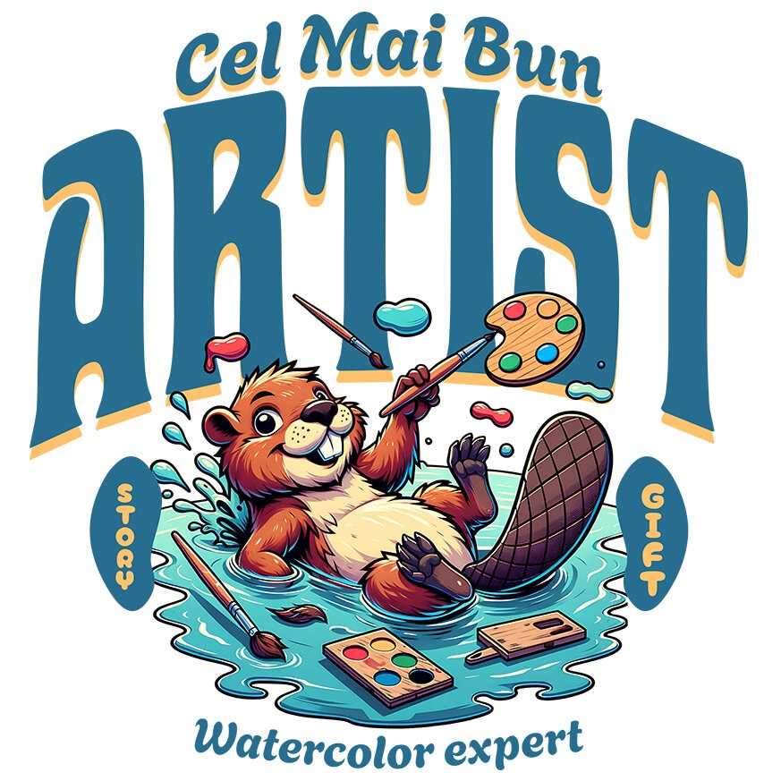 Sticker cu Castor Vesel In Mare De Apa Pensule Instrumente Pictura Text ...