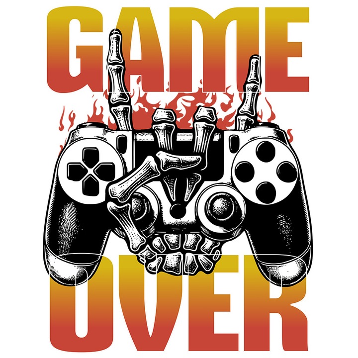 Videójáték-vezérlő matrica csontvázkézzel, Game Over szöveggel, Gamer Digital World fehér szegéllyel, PVC vinil 40 cm