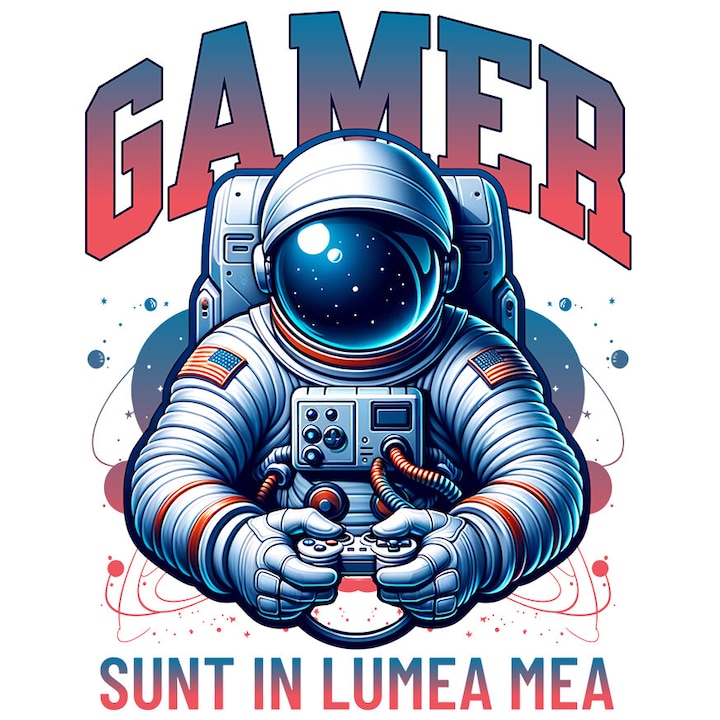 Sticker cu Om In Costum Astronaut Spatial Text Gamer Sunt In Lumea Mea cu Margini Albe, PVC Vinyl 23 cm
