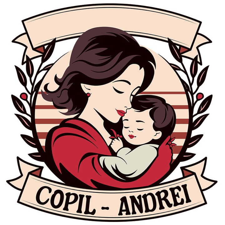 Sticker cu Mama Si Copil Text Copil Andrei Familie Iubire Eterna cu Margini Albe, PVC Vinyl 23 cm