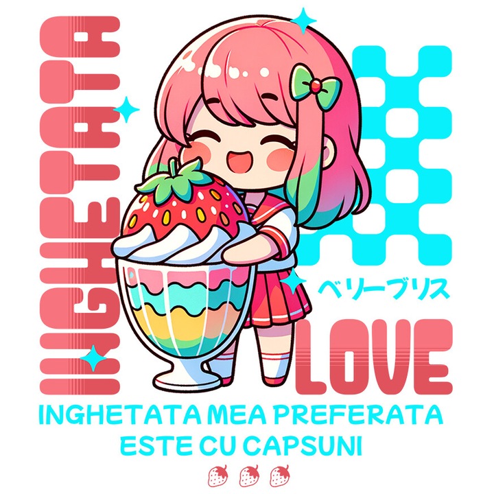 Sticker cu Fata Stil Anime Cu Pahar imens De Milkshake Si Capsuna text Inghetata cu Margini Albe, PVC Vinyl 40 cm