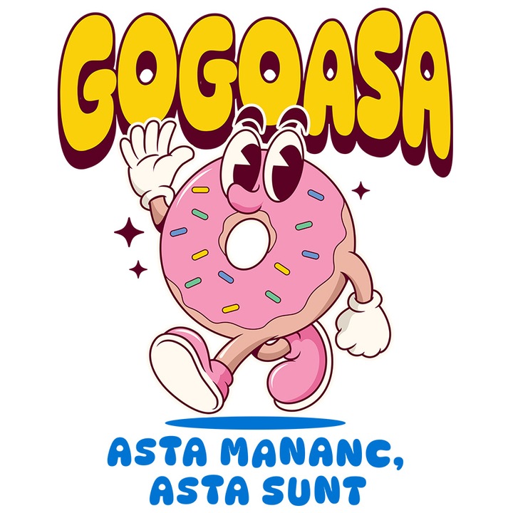 Sticker cu Gogoasa Glazurata Roz Facand Cu mana Salutare Text Haios Asta Mananc Asta Sunt cu Margini Albe, PVC Vinyl 28 cm