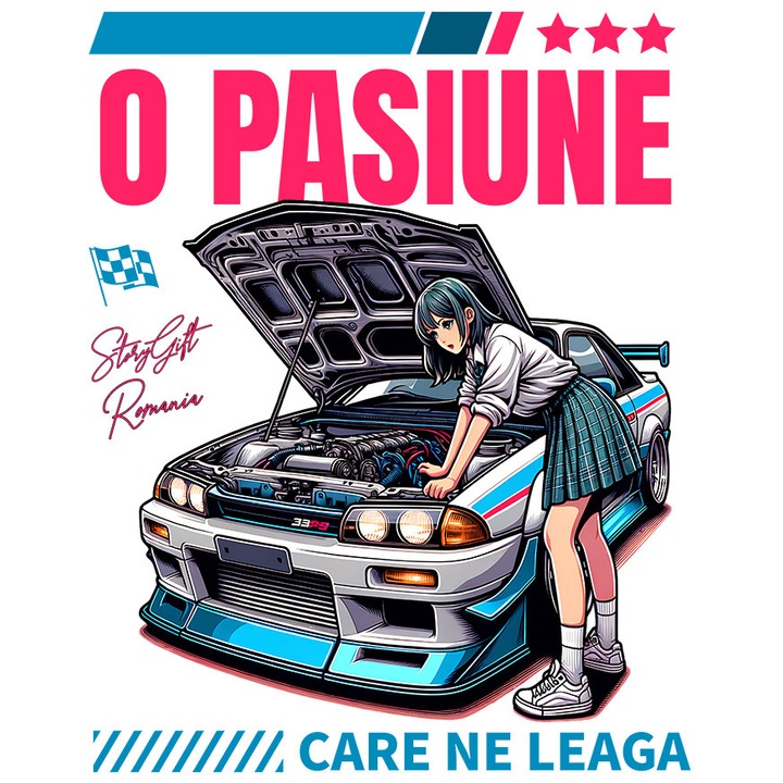 Sticker cu Fata Stil Anime Tinuta Moderna Text O Pasiune care Ne Leaga Masina De Curse Colorata Motor Puternic cu Margini Albe, PVC Vinyl 15 cm