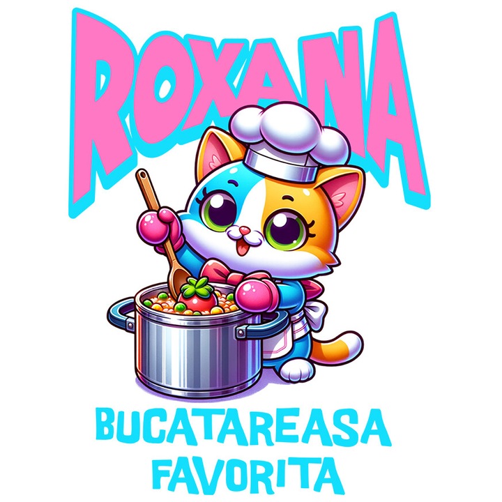 Sticker cu Pisica Colorata vesela Bucatareasa Cu Papion Text Roxana Bucatareasa Favorita Femeie Meserie cu Margini Albe, PVC Vinyl 23 cm