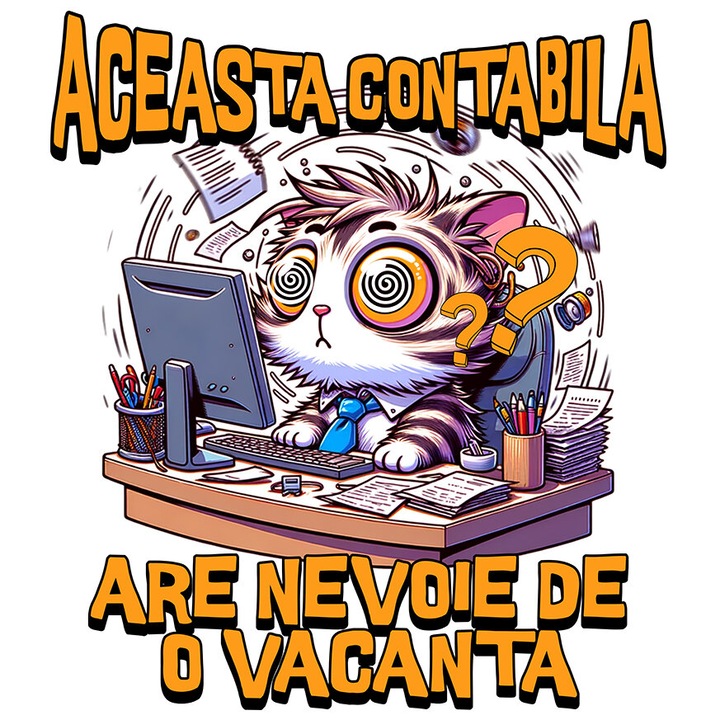 Sticker cu Pisica Confuza Haioasa La Birou Calculator Text Aceasta Contabila Are Nevoie De O Vacanta Meserie cu Margini Albe, PVC Vinyl 23 cm