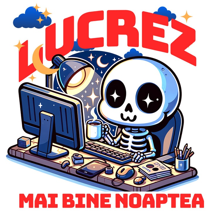 Sticker cu Schelete Uman Cu Cana cafea In Fata calculator Text In Limba Romana Lucrez Mai Bine Noaptea cu Margini Albe, PVC Vinyl 40 cm