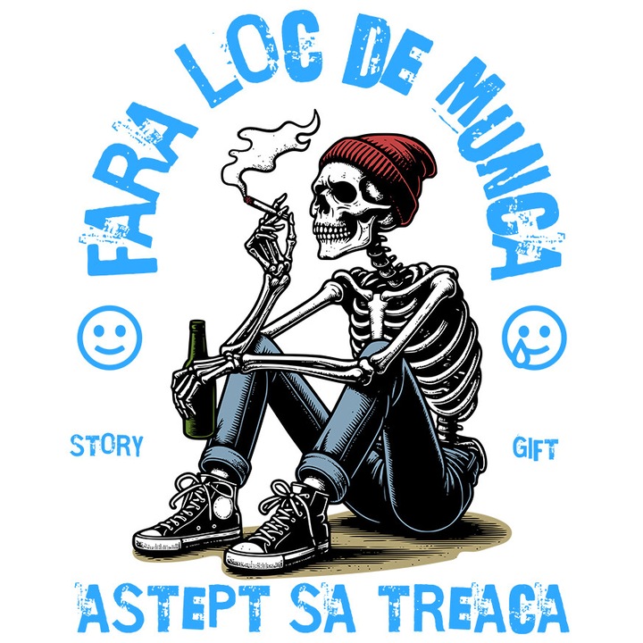 Sticker cu Schelete Uman Cu Tigara Si Bere Text Fara Loc De Munca Astept Sa Treaca Oboseala Extenuare cu Margini Albe, PVC Vinyl 23 cm