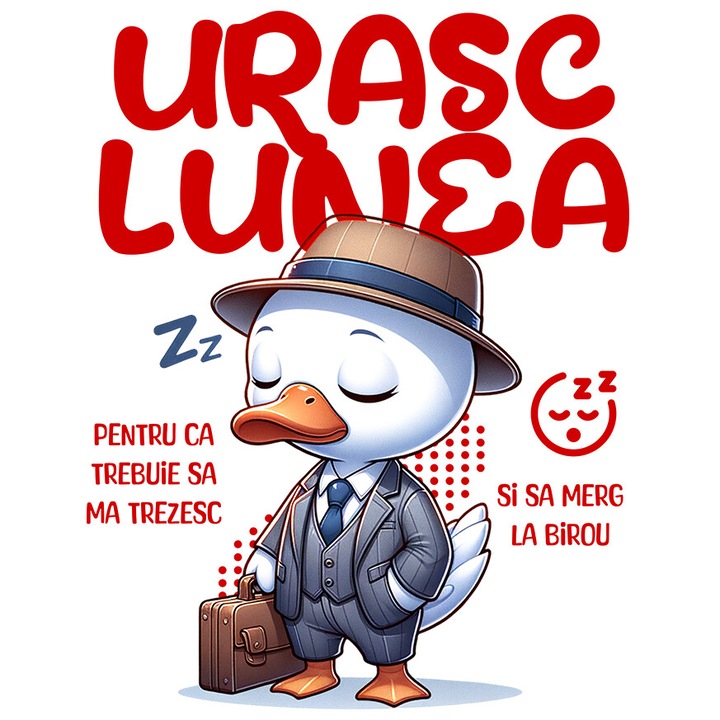 Sticker cu Rata Haioasa Alba cu Costum Elegant Palarie Servieta Text Urasc Lunea Birou Trezire Corporatie cu Margini Albe, PVC Vinyl 23 cm