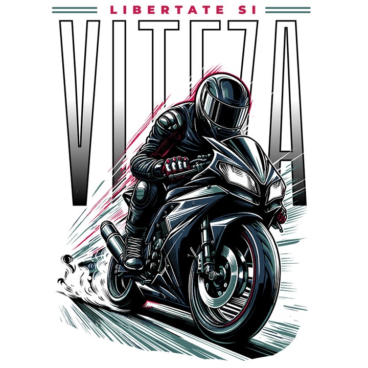 Sticker cu Barbat Cu Echipament Pe Motor Viteza Adrenalina Text Libertate Si Viteza cu Margini Albe, PVC Vinyl 23 cm