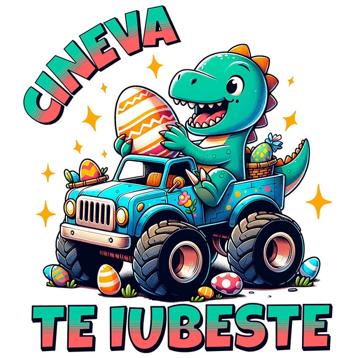 Sticker cu Dinozaur Vesel In masina De Teren Oua De Peste Colorate Text Cineva te Iubeste cu Margini Albe, PVC Vinyl 23 cm
