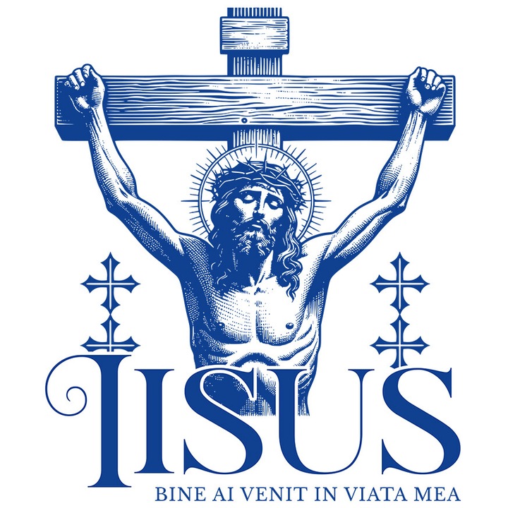 Sticker cu Iisus Hristos Atarnat Pe Cruce Text Iisus Bine Ai Venit In Viata Mea cu Margini Albe, PVC Vinyl 23 cm