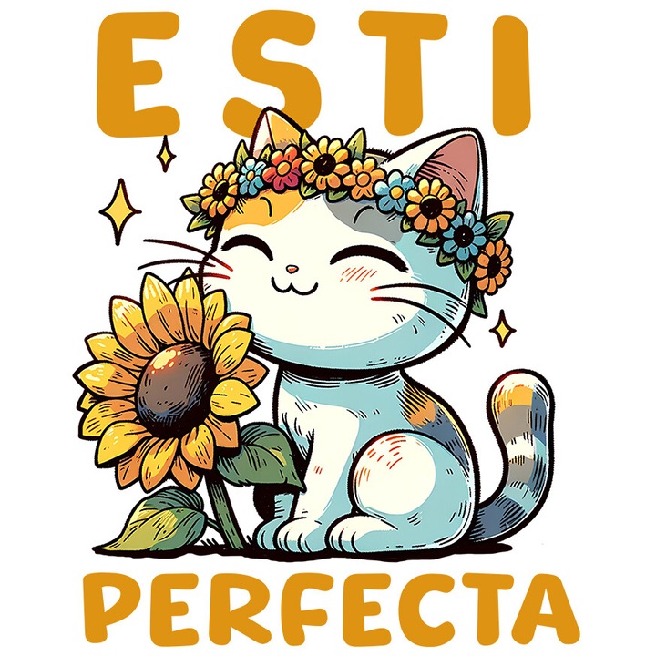 Sticker cu Pisica Vesela Cu Coroana De Flori Floarea Soarelui Text Esti Perfecta cu Margini Albe, PVC Vinyl 90 cm