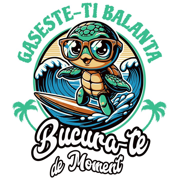 Sticker cu Broasca Testoasa Pe Placa De Surff Val Text Gaseste-ti Balanta Bucura-te De Moment cu Margini Albe, PVC Vinyl 23 cm