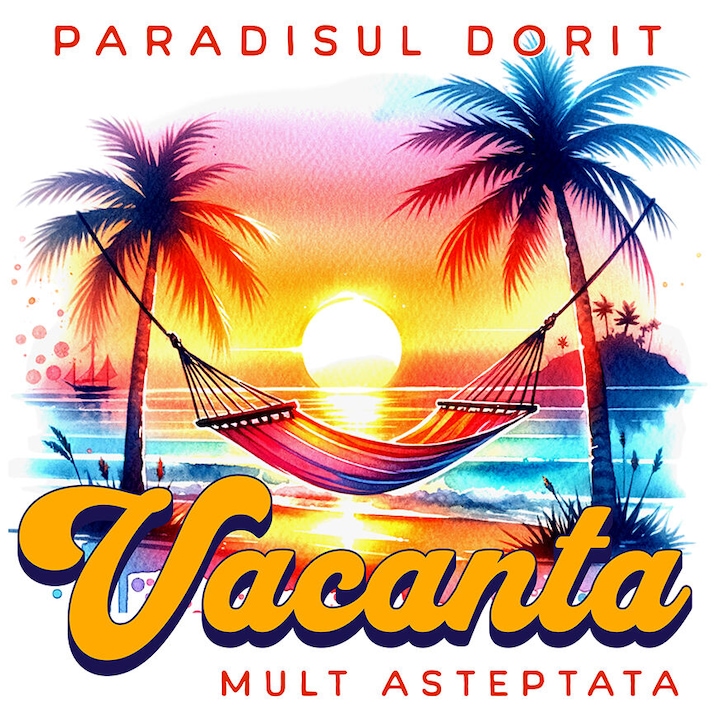 Sticker cu Priveliste Plaja Insula Tropicala Hamac Apus De Soare text Paradisul Dorit Vacanta Mult Asteptata cu Margini Albe, PVC Vinyl 23 cm