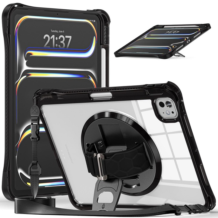 Husa tableta compatibila cu iPad Pro 11 2024, Suport rotativ, Protectie hibrida, Transparent/Negru