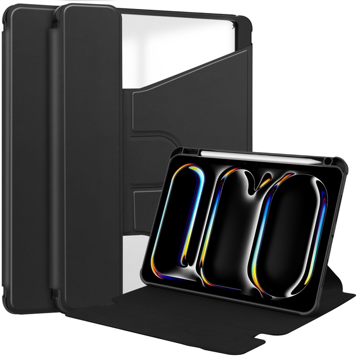 Husa tableta compatibila cu iPad Pro 11 2024, Rotatie 360°, Piele eco transparenta, Negru