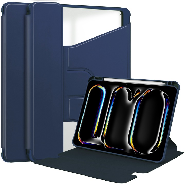 Husa tableta compatibila cu iPad Pro 11 2024, Transparenta, Rotativa, Piele smart, Albastru inchis