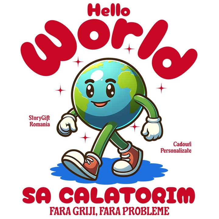 Sticker cu Pamant animatie Cu adidasi Rosii, Text Hello World Sa Calatorim Fara Griji Si Probleme cu Margini Albe, PVC Vinyl 23 cm