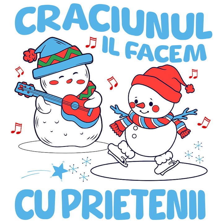 Sticker cu Oamnei De Zapada Patinaj Si Cantaret La chitara Text Craciunul Il Facem Cu Prietenii cu Margini Albe, PVC Vinyl 23 cm