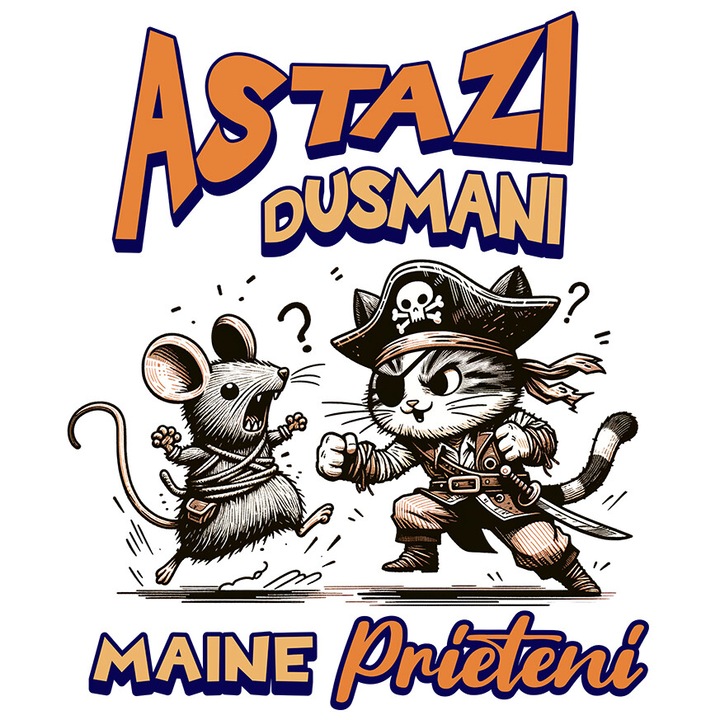 Sticker cu Pisica Cu Palarie Pirat Si Soarece Lupta Desene Animate Text Astazi Dusmani Maine Prieteni cu Margini Albe, PVC Vinyl 40 cm