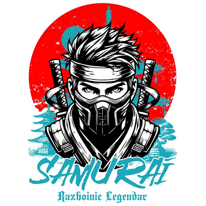 Sticker cu Portret Luptator Ninja Cu masca Si Sabii Cultura Asiatica Text Samurai Razboinic Legendar cu Margini Albe, PVC Vinyl 23 cm