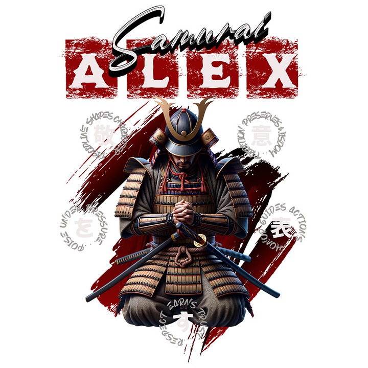 Sticker cu Samurai Ninja cultura Chinezeasca armura Rugaciune Text Samurai Alex cu Margini Albe, PVC Vinyl 23 cm