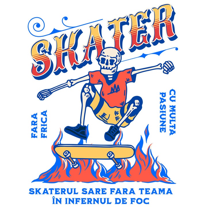 Sticker cu Schelete Craniu Uman Pe Placa De Skateboard Flacari Sport Stradal Text Sare Fara Teama cu Margini Albe, PVC Vinyl 23 cm