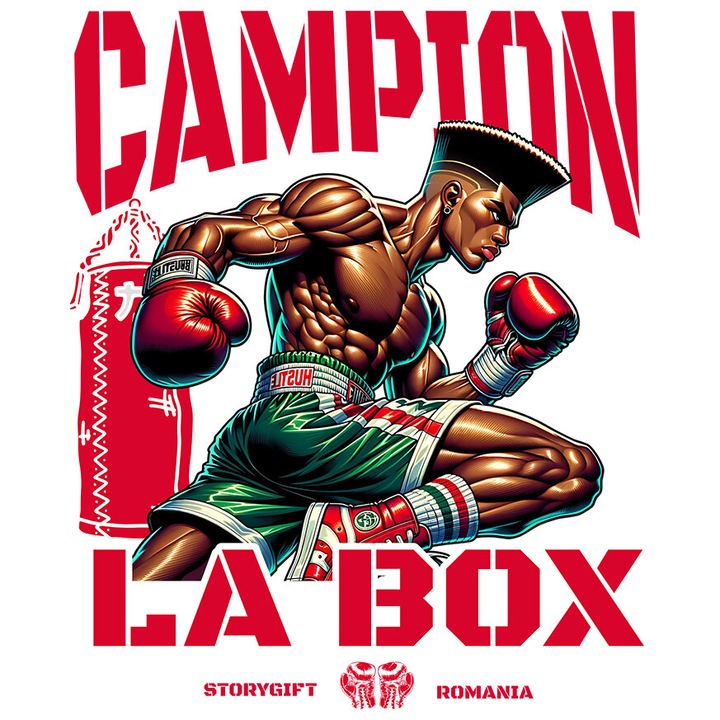 Sticker cu Luptataor Box Puternic Cu Par Inalt Text In Limba Romana Campion La Box cu Margini Albe, PVC Vinyl 23 cm