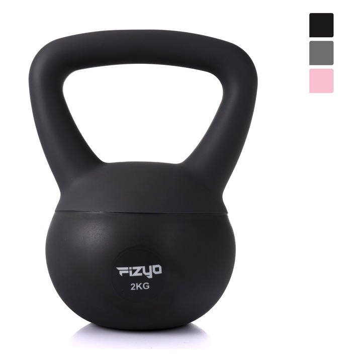 Kettlebell Fizyo FFIKB-0002, PVC, Antrenament de forta, Functional, Crossfit, Moale, Rezistent la apa, Maner antiderapant, 2kg, Negru