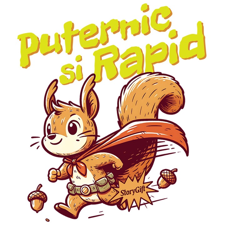 Sticker cu Veverita Si Pelerina De Super Erou Curcubeu Colorat Text Puternic Si rapid cu Margini Albe, PVC Vinyl 23 cm